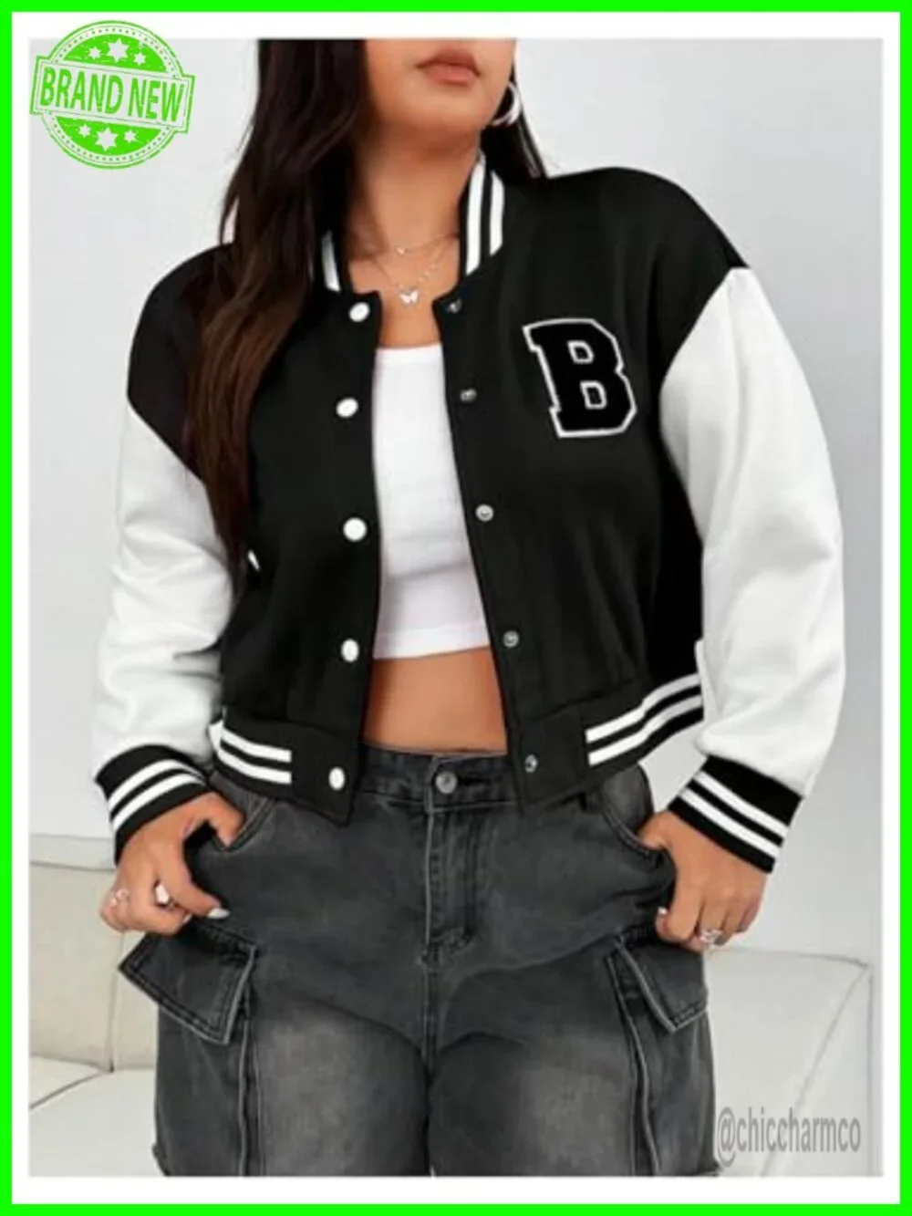 Plus Size Varsity Baseball Jacket Letter Graphic Colorblock Button Down Long